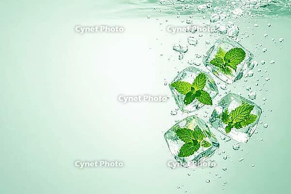 Ice cubes with mint leaves floating in clear water on a light background, healthy food, AI generated [IBR124458865]