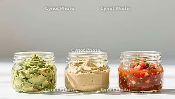 Three glasses of guacamole, hummus and salsa made from fresh ingredients, delicious dip, perfect as a side dish for meals and parties, AI generates, AI generated [IBR124458866]