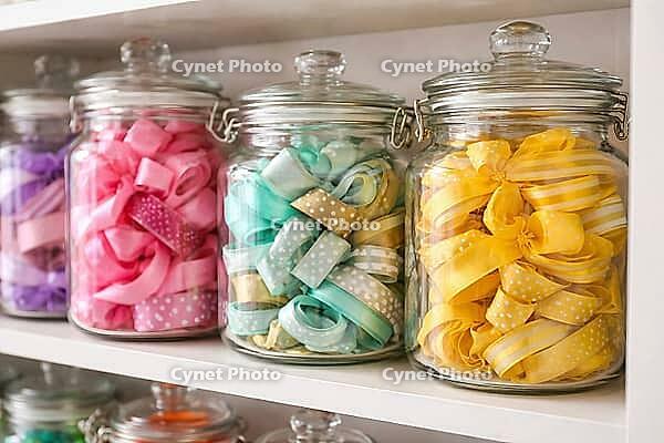 Various colorful fabric ribbons and bows in glass containers on a shelf, DIY material, neatly sorted, storage and organization system for hobbies and creative craft projects, AI generated [IBR124458869]
