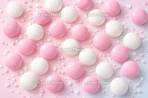 Pink and white candies on a pastel background decorated with hearts, pastel candy, AI generated [IBR124458871]