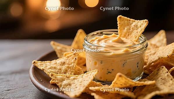 A glass of cheese dip surrounded by tortilla chips on a table in warm lighting, delicious dip perfect as a side dish for meals and parties, AI generates, AI generated [IBR124458872]