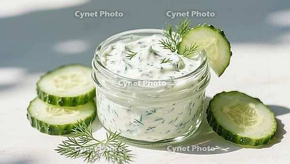 Fresh tzatziki in a glass, decorated with dill and cucumber slices, in sunlight, delicious dip, perfect as a side dish for meals and parties, AI generates, AI generated [IBR124458874]