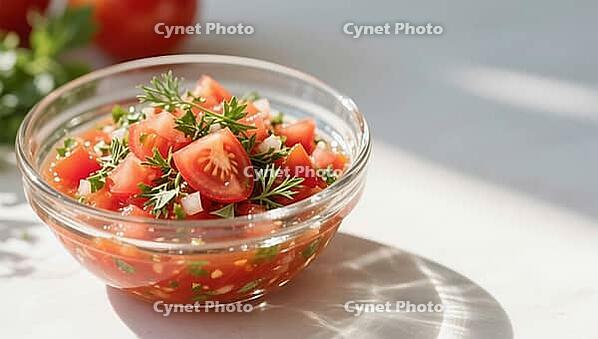 Fresh tomato salad in a glass bowl, minimalistically presented in bright light, hearty party salad, beautifully presented in a glass, AI generated [IBR124458878]