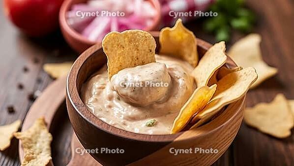 Creamy sauce in wooden bowl, garnished with chips, surrounded by onions and tomatoes, delicious dip, perfect as a side dish for meals and parties, AI generates, AI generated [IBR124458879]