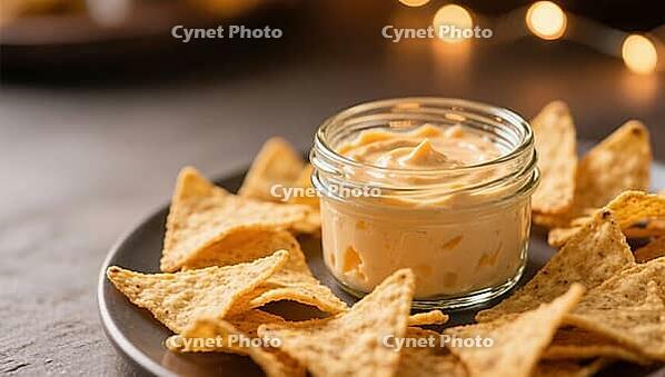 A plate of tortilla chips around a glass of creamy cheese sauce, in warm light, delicious dip, perfect as a side dish for meals and parties, AI generates, AI generated [IBR124458880]