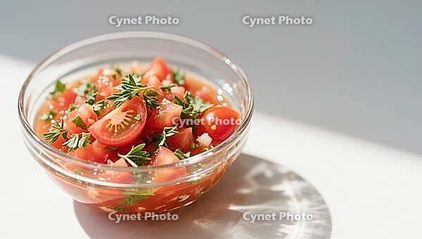 Glowing tomato salad with herbs under soft sunlight in a bowl, hearty party salad, beautifully presented in a glass, AI generated [IBR124458881]