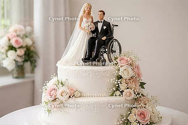 Finely decorated white cake with bride and groom standing bride, groom in wheelchair, wedding cake or theme cake for couples in love, AI generated [IBR124458883]