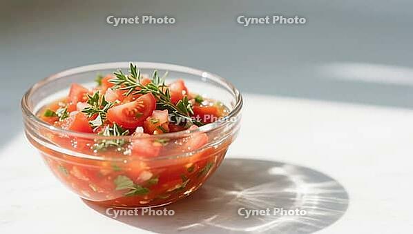 A fresh tomato salad in a glass bowl is illuminated by bright sunlight, hearty party salad, beautifully presented in a glass, AI generated [IBR124458884]