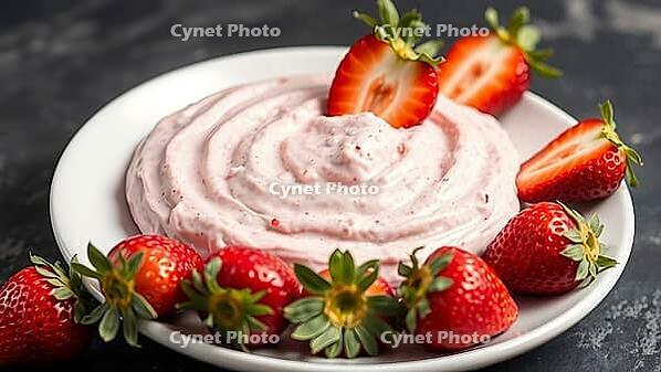 Plate with pink cream, garnished with sliced strawberries, presented on a dark background, delicious dessert, beautifully presented, AI generated [IBR124458888]