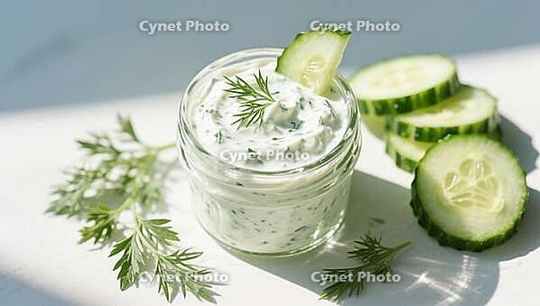 Creamy tzatziki in a jar with dill and cucumbers, playing light on the surface, delicious dip, perfect as a side dish for meals and parties, AI generates, AI generated [IBR124458889]