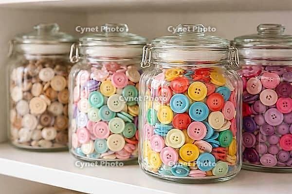 Multicolor buttons in glass containers, stylishly arranged on a shelf, DIY material, neatly sorted, storage and organization system for hobbies and creative craft projects, AI generated [IBR124458893]