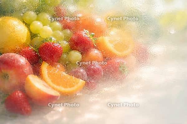 Blurred display of fruits behind glass with light-filled, soft atmosphere, healthy food, AI generated [IBR124458894]