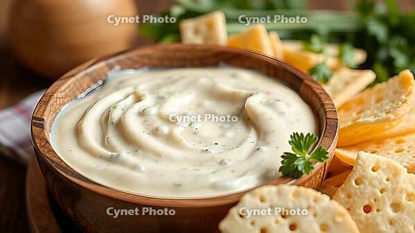 Creamy cheese dip in a wooden bowl with crackers and fresh herbs, delicious dip, perfect as a side dish for meals and parties, AI generates, AI generated [IBR124458895]