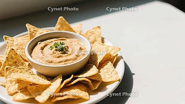 Tortilla chips surround a white bowl of creamy dip on a table in sunlight, delicious dip perfect as a side dish for meals and parties, AI generates, AI generated [IBR124458901]