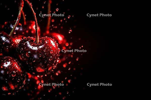 Close-up of red cherries with drops of water against black background, healthy food, AI generated [IBR124458905]
