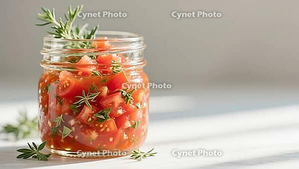 Tomato salad in a screw-top jar with rosemary, illuminated by bright light, hearty party salad, beautifully presented in a glass, AI generated [IBR124458909]