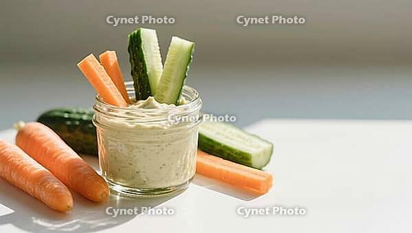 A jar of dipping sauce and carrot and cucumber vegetable sticks on a table in sunlight, delicious dip, perfect as a side dish for meals and parties, AI generates, AI generated [IBR124458910]