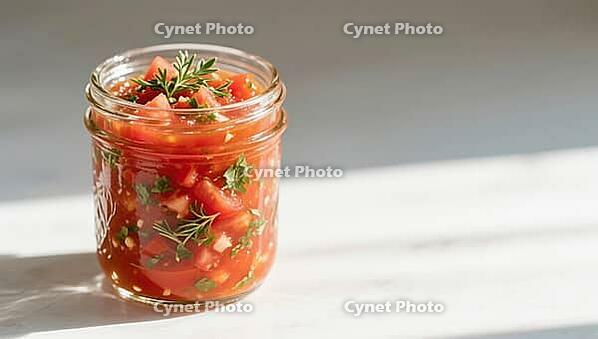 Screw jar filled with tomato salad and herbs in natural light, hearty party salad, beautifully presented in a glass, AI generated [IBR124458912]