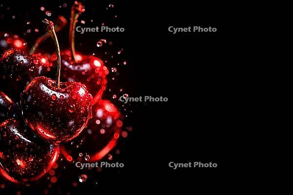 Bright red cherries with drops of water in a dark environment, healthy food, AI generated [IBR124458915]