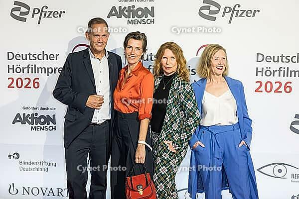 Klaus-Peter Grap, Julia Bremermann, Marion Kracht and Petra Zieser in front of the German Audio Film Awards ceremony at the Colosseum cinema in Berlin on 24.03.2026 [IBR113108125]