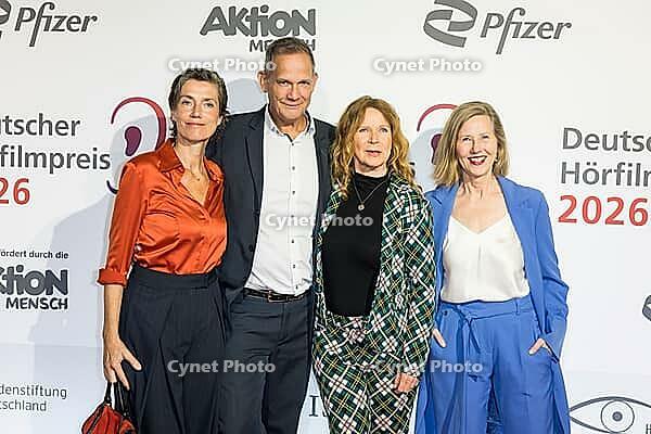 Klaus-Peter Grap, Julia Bremermann, Marion Kracht and Petra Zieser in front of the German Audio Film Awards ceremony at the Colosseum cinema in Berlin on 24.03.2026 [IBR113108129]
