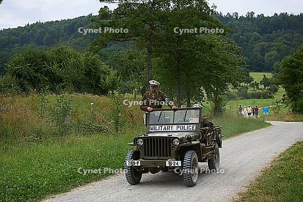 Living History Event at Hohenloher Open Air Museum, Hohenlohe, Wackershofen, US Army, US Military Police, Military Police, Police, Farmer Museum, Country Life, Rural, Swabian-Franconian Forest nature park Park, Schwäbisch Hall, Hohenlohe, Germany [IBR124469129]