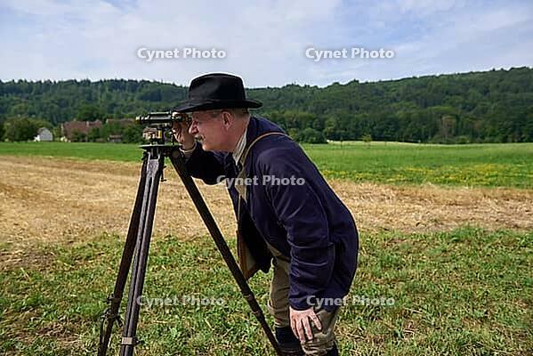 Living History Event at the Hohenloher Open Air Museum, Hohenlohe, Wackershofen, geographer, surveying technology, land survey, farm museum, rural life, Swabian-Franconian Forest nature park Park, Schwäbisch Hall, Hohenlohe, Germany [IBR124469140]