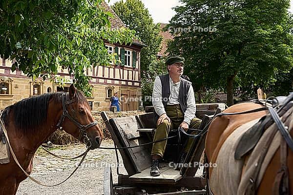 Living History Event at the Hohenloher Open Air Museum, Hohenlohe, Wackershofen, Carriage, Horse, Farmer's Village, Farmermuseum, Country Life, Rural, Swabian-Franconian Forest nature park Park, Schwäbisch Hall, Hohenlohe, Germany [IBR124469143]