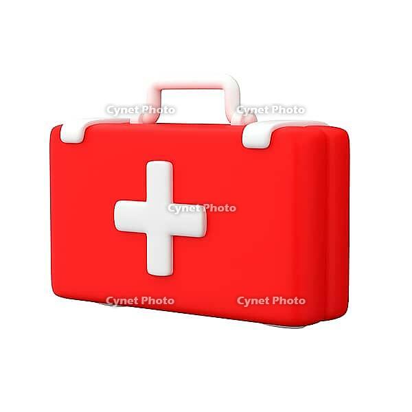 Red first aid kit with a white cross on a white backdrop, 3d render [IBR124491552]