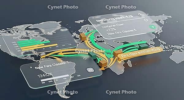 Visualization of global restructuring impacts with flow paths and statistical charts over a world map, AI generated [IBR124494023]