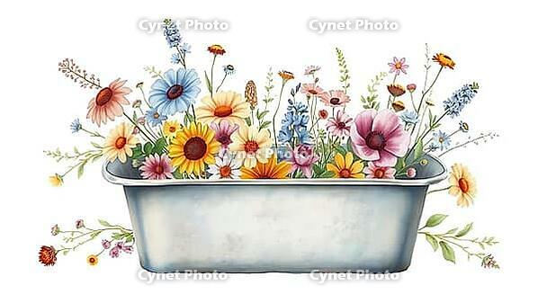 Colorful flower box with various flowers in pastel colors, decorated in a watercolor style, nostalgic watercolor painting with pastel flowers on a white background, in rustic style, AI generated [IBR124494026]