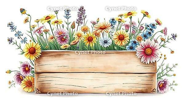 Lush flower arrangement in a wooden box, colorful in watercolor style, nostalgic watercolor painting with pastel flowers on a white background, rustic style, AI generated [IBR124494029]