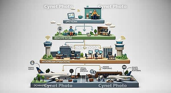 Illustration of aviation operations with remote work and control towers connecting workflow, AI generated [IBR124494031]