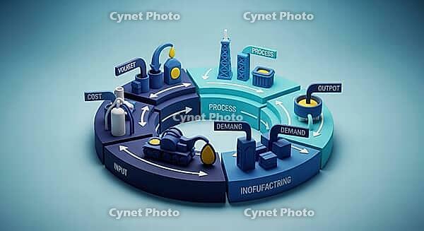 Circular flowchart with blue tones depicting industrial processes and interconnected components, AI generated [IBR124494035]