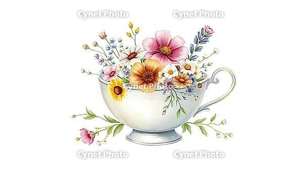 Bouquet of flowers in white tea cup, delicate and picturesque illustration, vivid colors, nostalgic watercolor painting with pastel flowers on a white background, in rustic style, AI generated [IBR124494036]