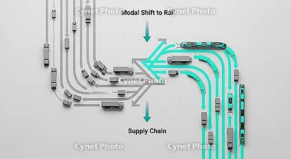 Image depicting modal shift to rail with direction arrows and vehicles joining tracks, AI generated [IBR124494037]