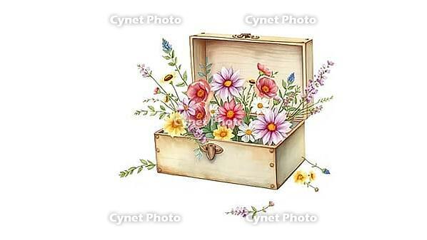 An opened box filled with colorful, delicate watercolor style flowers, nostalgic watercolor painting with pastel flowers on a white background, rustic style, AI generated [IBR124494038]