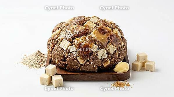 A wholesome energy ball made with oats, nuts, and seeds, topped with a rich caramel glaze and served with cubed ingredients and a pile of powder, AI generated [IBR124494040]