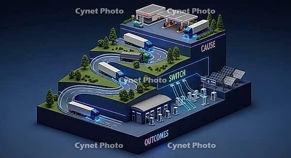 A 3D illustration of trucks on a multi-level landscape depicting energy transition scenarios, AI generated [IBR124494041]