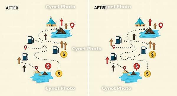 Illustrated guide showing changes in a route with financial symbols and geographic icons, AI generated [IBR124494042]