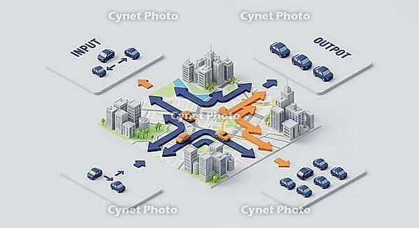Traffic flow and urban planning represented with 3D city layout and road arrows, AI generated [IBR124494043]