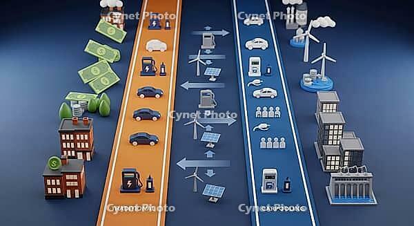 Infographic comparing traditional transportation with carpooling and renewable energy effects, AI generated [IBR124494044]