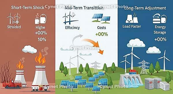 Infographics showing energy transition from short-term shock to long-term adjustment, AI generated [IBR124494045]
