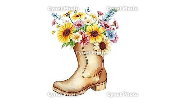 A single boot with colorful, floral elements in rustic watercolor style, nostalgic watercolor painting with pastel flowers on a white background, in rustic style, AI generated [IBR124494046]