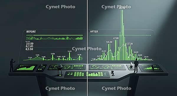 A control panel comparing market statistics before and after changes with green graphs, AI generated [IBR124494047]
