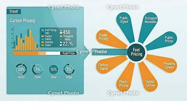Diagram analyzing fuel and carbon pricing with process percentages and public signals in blue and orange tones, AI generated [IBR124494048]