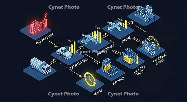 Diagram shows fuel price hike impact on airlines, logistics, and passengers using isometric design with neon elements, AI generated [IBR124494050]