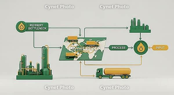 Shows processes at a refinery with a flowchart illustrating bottlenecks and logistics, AI generated [IBR124494051]