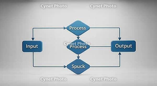 A flowchart diagram with input, process, and output nodes connected by arrows, AI generated [IBR124494052]