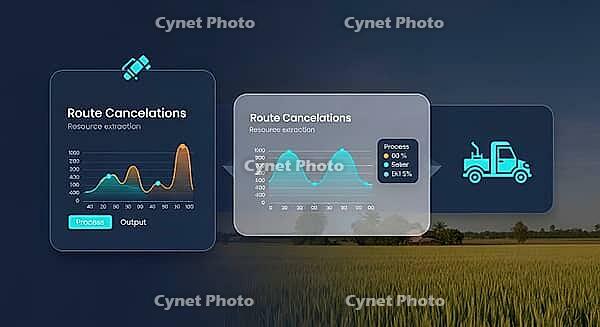 Data visualization of route cancellations in resource extraction with graphs overlaid on a field backdrop, AI generated [IBR124494056]